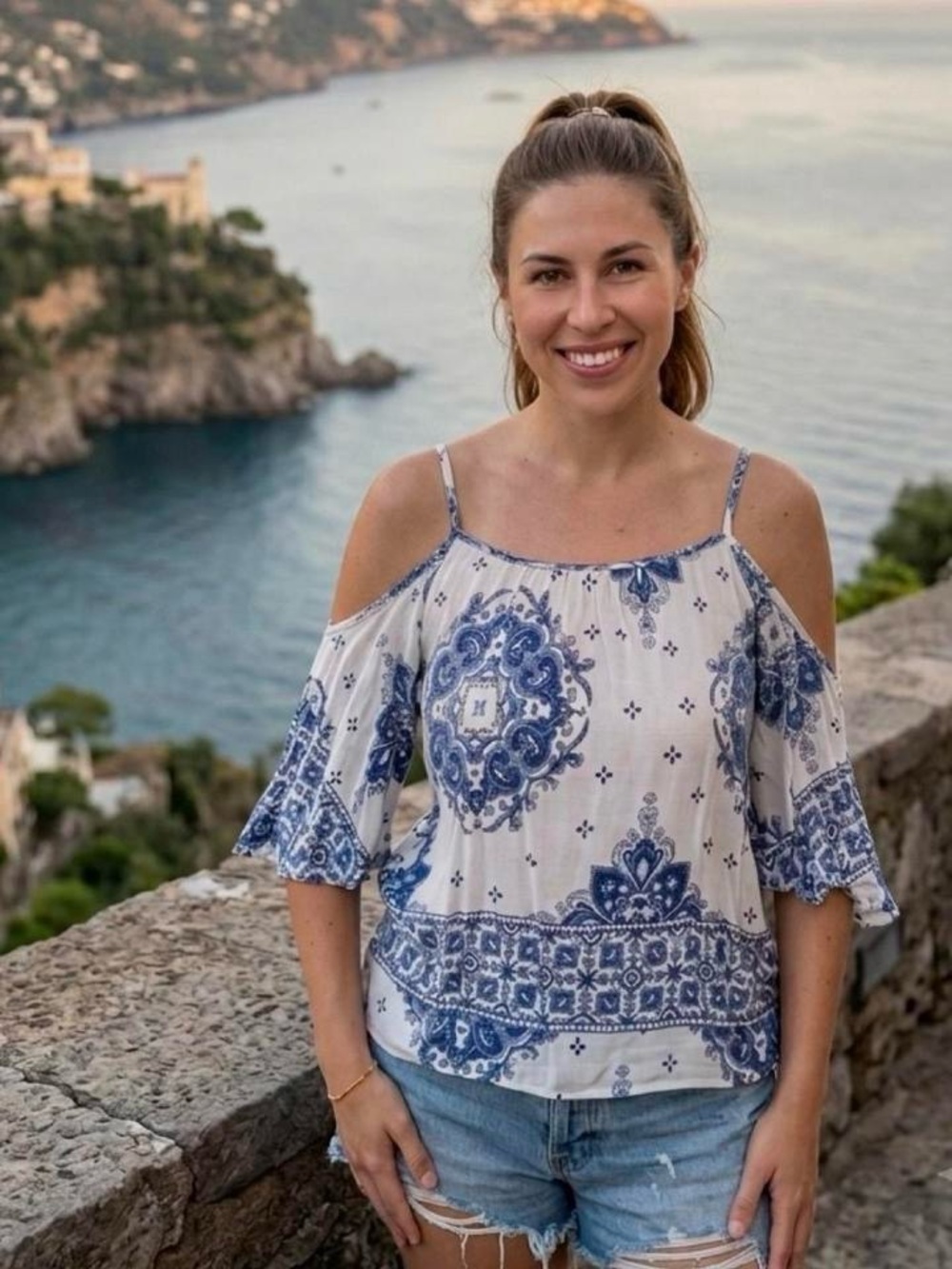 Japna Cold-Shoulder Blue & White Paisley Top